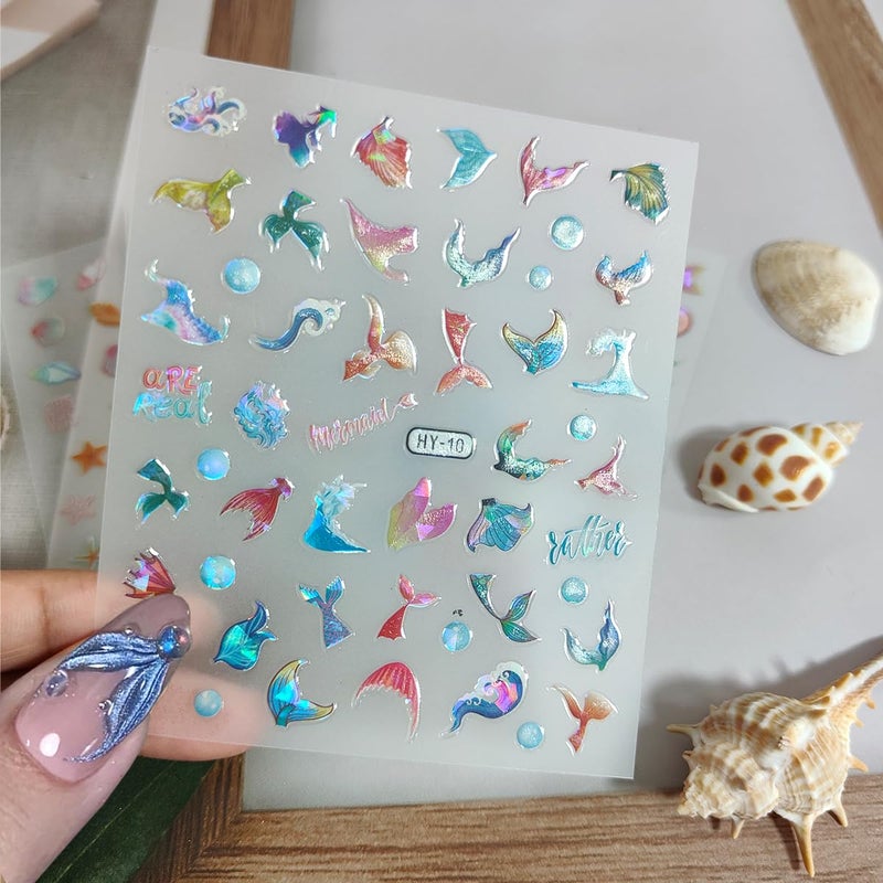 OSTTMA 12Sheets Summer Nail Art Stickers Shell Starfish Nail Stickers Cute Jellyfish Mermaid Nail Art Design 3D Self Adhesive Marine Life Nail Decals Summer Sea Theme Nail Supplies for Women Manicure Decor - Image 3